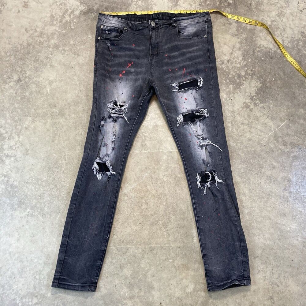 THRT Jeans Mens 38 Black Gray Distressed Whisking Paint Splatter Skinny Slim‎